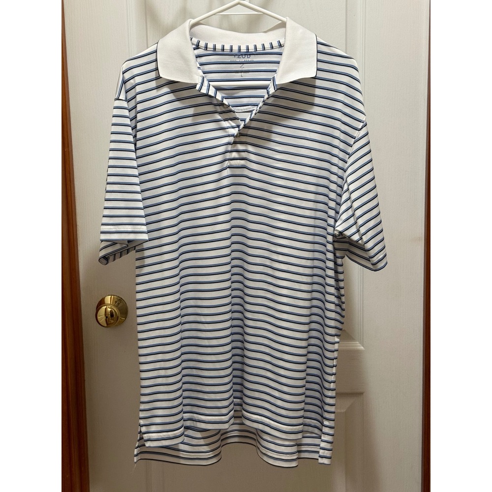 IZOD Mens Cool FX Striped Polo Shirt Large White Blue Golf Performance Short Slv